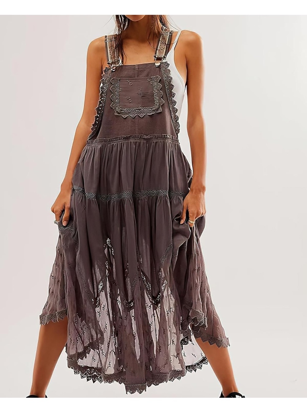 Lace-Trim Tiered Midi Pinafore Dress in Taupe